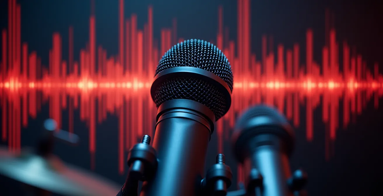 Composition conceptuelle abstraite représentant des micros de batterie avec des ondes sonores se chevauchant pour illustrer la repisse