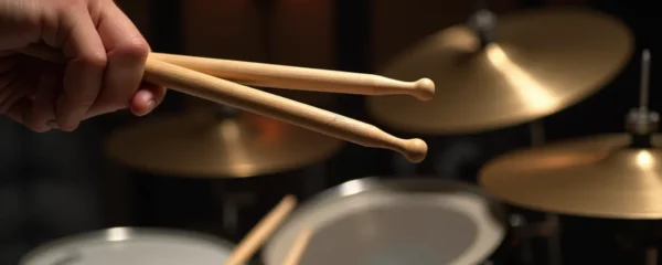 Photographie réaliste macro sur une main de batteur tenant deux types de baguettes de batterie différentes au-dessus d'une batterie acoustique en studio d'enregistrement