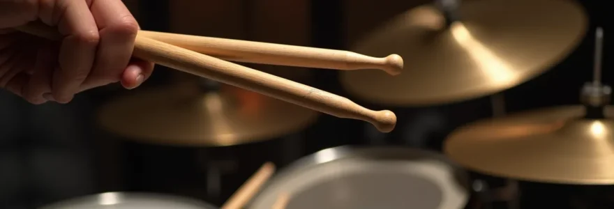 Photographie réaliste macro sur une main de batteur tenant deux types de baguettes de batterie différentes au-dessus d'une batterie acoustique en studio d'enregistrement