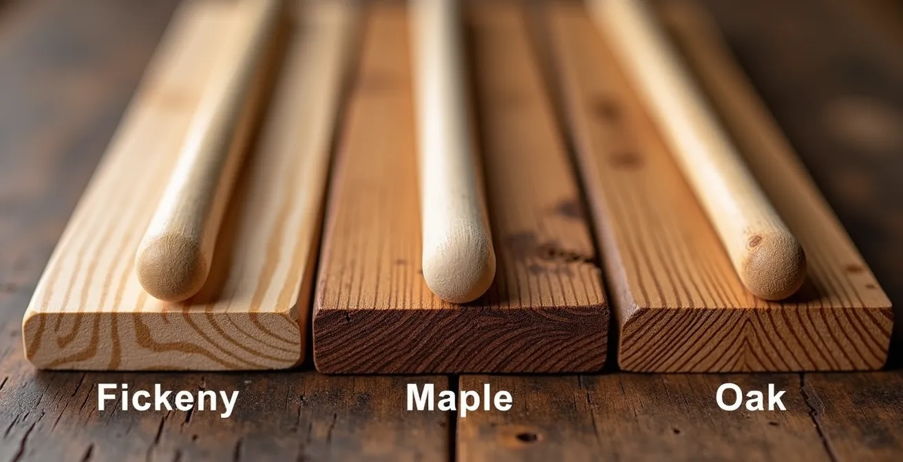 Image conceptuelle montrant trois types de bois (hickory, érable, chêne) sous forme d’échantillons texturés avec une baguette posée dessus