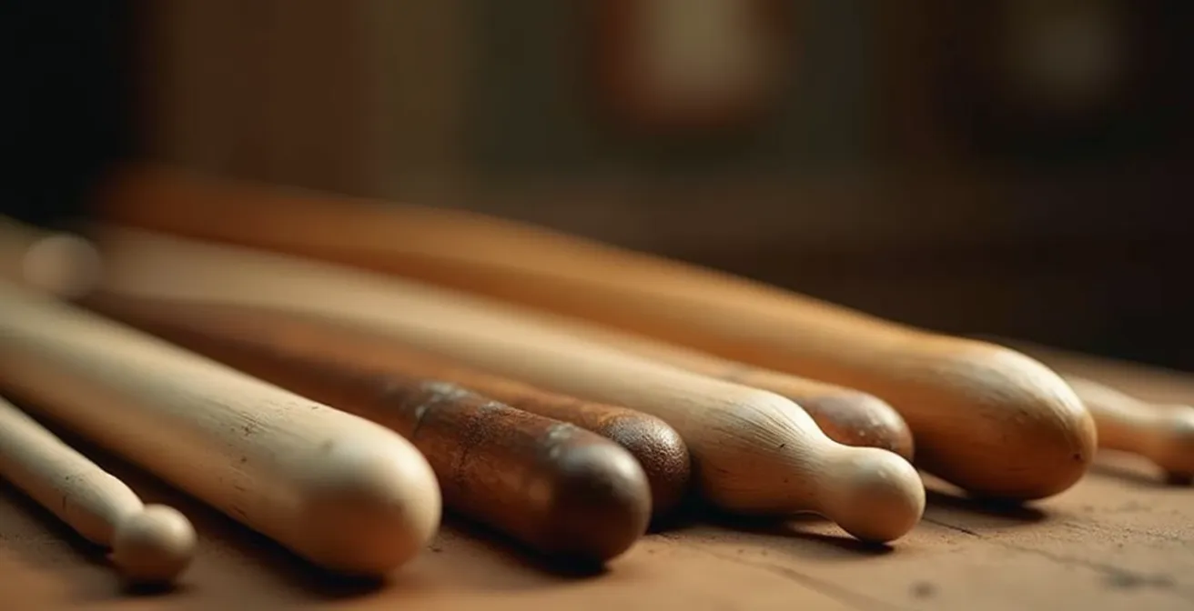 Composition conceptuelle montrant une palette variée de baguettes de batterie disposées sur une table de studio